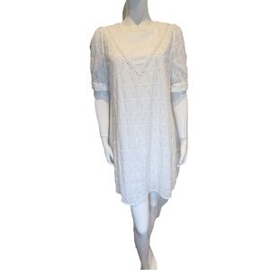 Weiyang Eyelet Cotton Dress White Puff Sleeve Knee Length Size Large